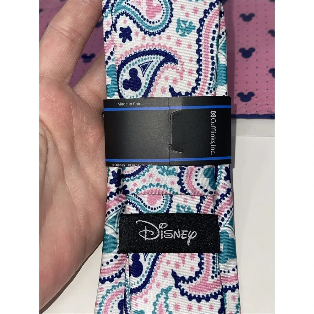 Mens Paisley 100% Silk Neck Tie & Pocket Square Mickey Head Disney NWT Cufflinks